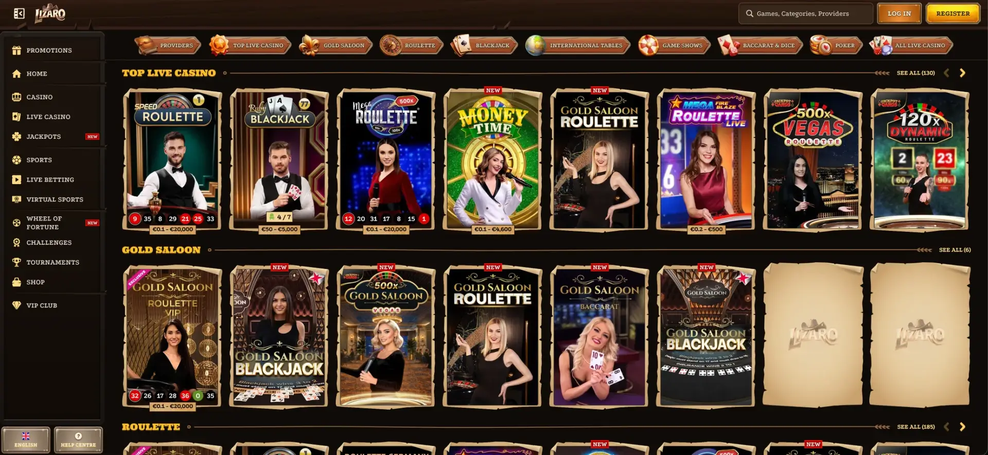 Tables du casino en direct Lizaro