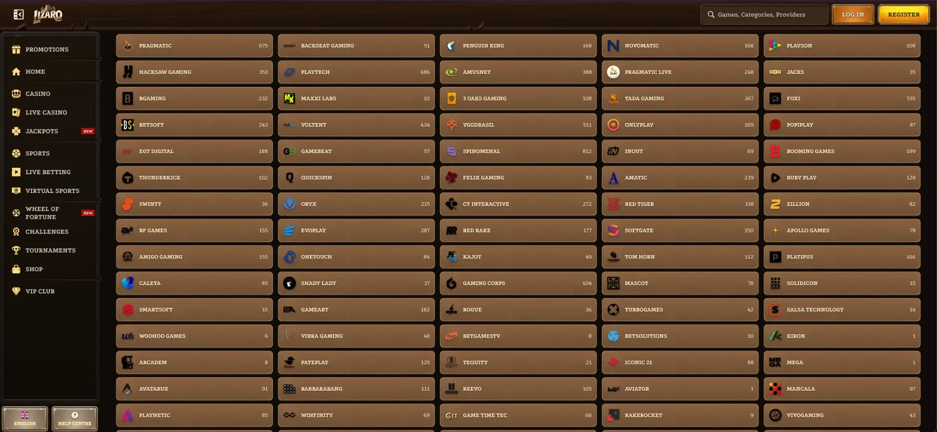 Fournisseurs de jeux disponibles sur Lizaro