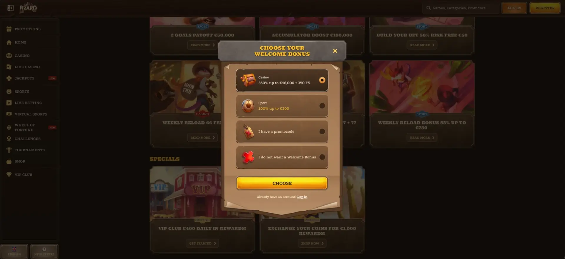Choix du bonus de bienvenue lors de l'inscription Lizaro